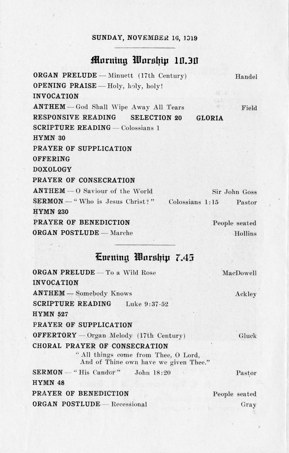 Church Bulletin Nov 19, 1919 page 2