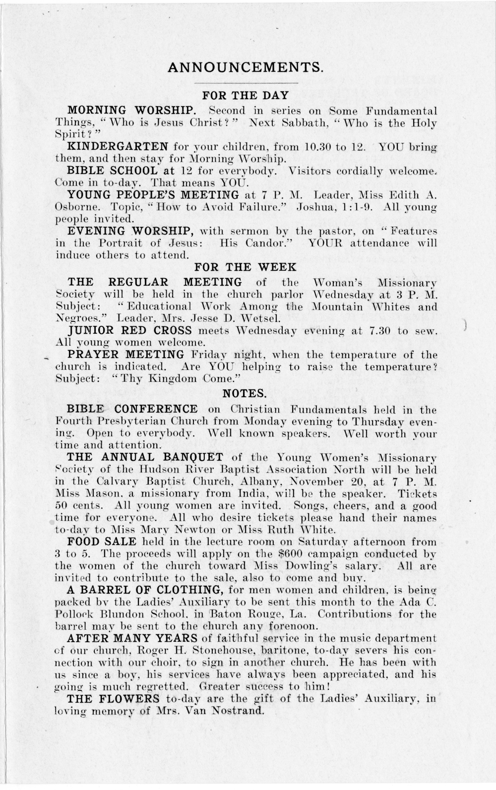 Church Bulletin Nov 19, 1919 page 3